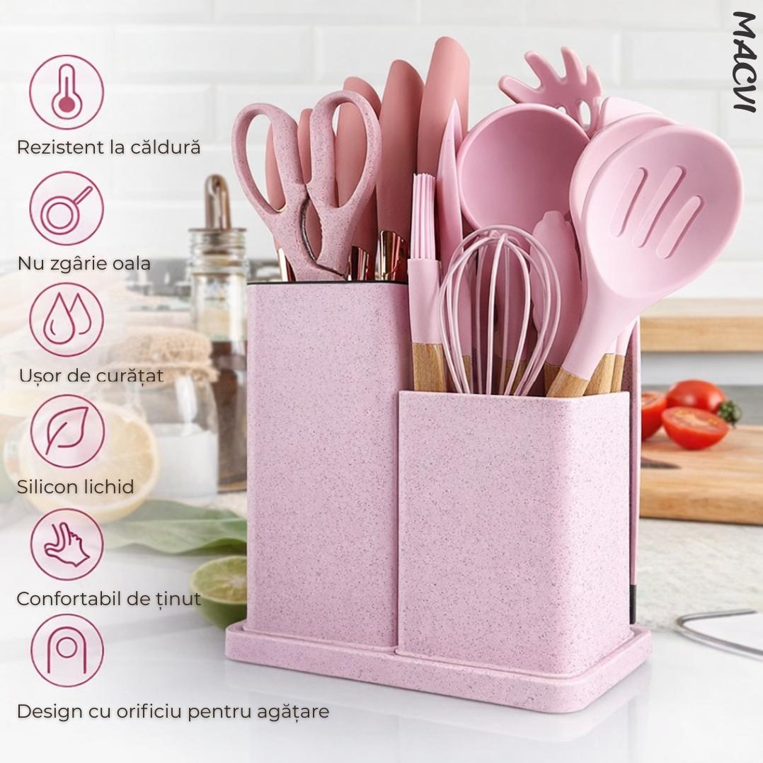 Set ustensile Macvi® bucatarie silicon premium 19 piese cu suport organizare cutite tocator linguri spatule fara BPA rezistente la temperaturi ridicate, Roz
