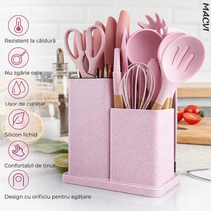 Set ustensile Macvi® bucatarie silicon premium 19 piese cu suport organizare cutite tocator linguri spatule fara BPA rezistente la temperaturi ridicate, Roz