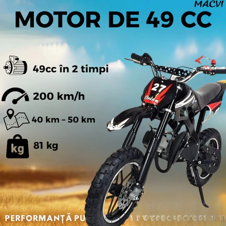 Motocicleta cross Macvi® pentru copii 49cc cu roti groase pornire usoara si motor pe benzina ideala pentru off road, Negru