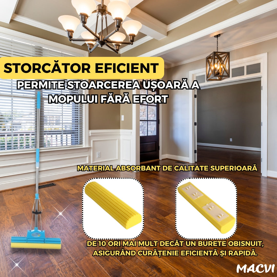 Mop Macvi® cu Storcator si Coada Metalica Telescopica 88-105 cm, PVA, 37 x 5 x 5 cm, Albastru