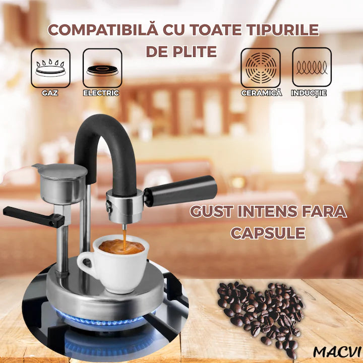 Espressor manual Kamira MACVI®, din inox 100%, presiune 4-5 bari, portabil, fara curent, filtru de inox pentru 2 cesti cafea, compatibil aragaz si resou