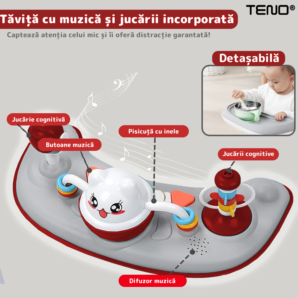 Premergator Multifunctional pentru Bebelusi Teno®, tava cu 3 jucarii, pisica, muzica, reglabil, pliabil, greutate max 20kg, 6-36 luni, rosu