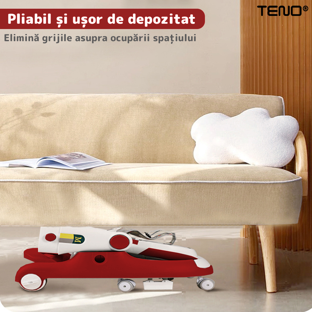 Premergator Multifunctional pentru Bebelusi Teno®, tava cu 3 jucarii, pisica, muzica, reglabil, pliabil, greutate max 20kg, 6-36 luni, rosu