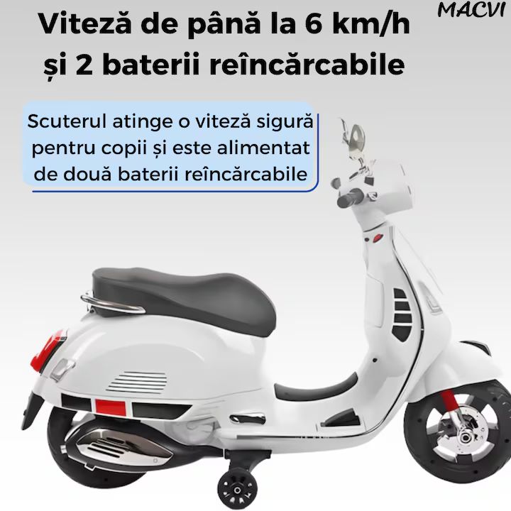 Scuter electric Macvi® pentru copii 3-8 ani, design realist Vespa, cu 2 baterii reincarcabile 6V, lumini functionale, roti ajutatoare, sistem audio si oglinzi, pana la 6 km/h, Alb