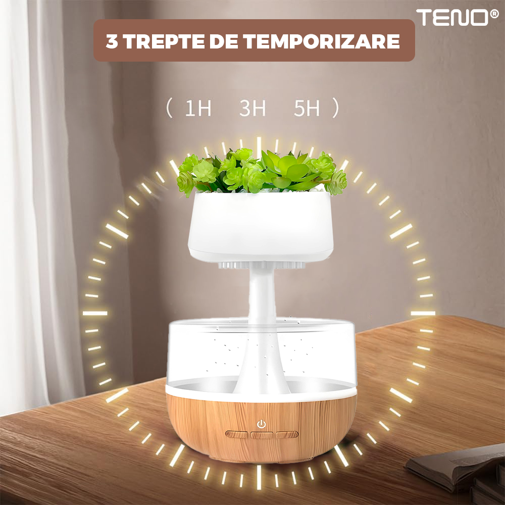 Difuzor Aromaterapie Teno®, tip planta, efect de picuri, silentios, temporizator, capacitate 130 ml, maro