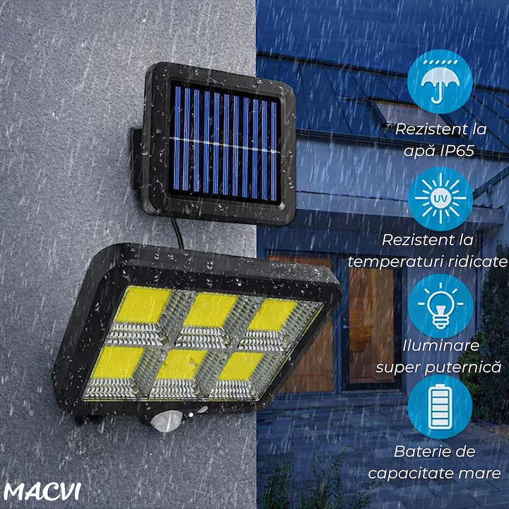 Lampa solara LED COB Macvi® 120 LED senzor miscare telecomanda panou solar reglabil cablu 5 m rotatie 360 grade IP65 rezistenta apa si praf lumina rece 30W