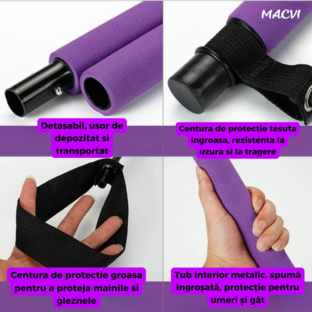 Bara Fitness Macvi® cu Benzi Elastice Reglabile, Multifunctionala pentru Antrenamente Complete, Rezistenta Ajustabila, Culoare Mov