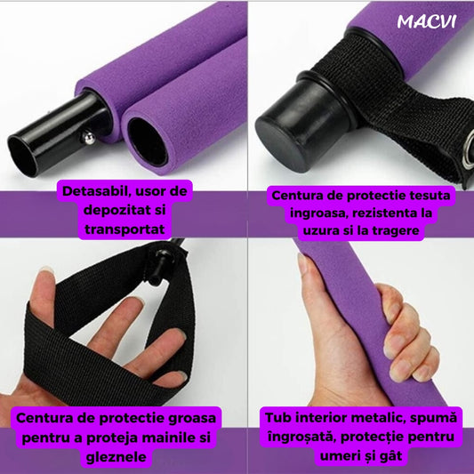 Bara Fitness Macvi® cu Benzi Elastice Reglabile, Multifunctionala pentru Antrenamente Complete, Rezistenta Ajustabila, Culoare Mov
