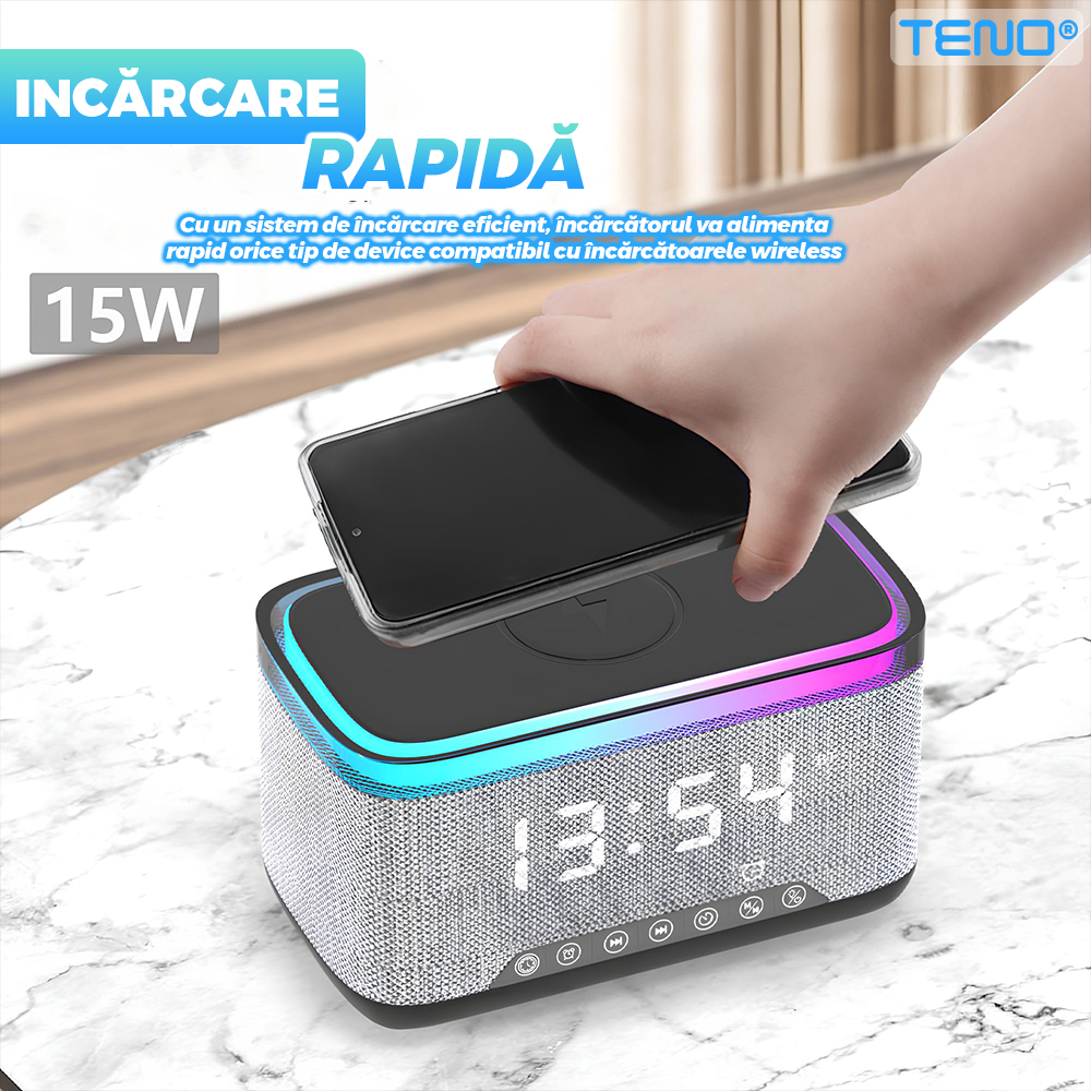 Boxa Portabila, Teno, Multifunctionala 3 in 1, Bluetooth 5.3, Incarcator Wireless, Gri