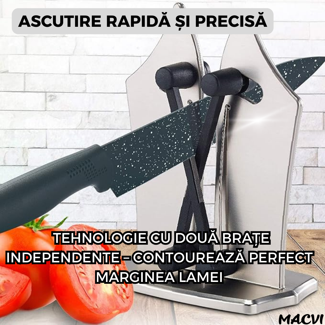 Ascutitor Manual Cutite, Macvi®, Profesional, Metal Otel, Carbura, Ergonomic, Rapid, Antialunecare, Bucatarie, Argintiu Negru