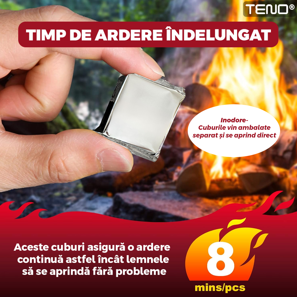 Set 40 Cuburi pentru Aprins Focul Teno®, pastile aprinzatoare ambalate individual, fara miros, timp indelungat de ardere de 8+ minute, incalzire centrala, seminee, sobe, camping, drumetii