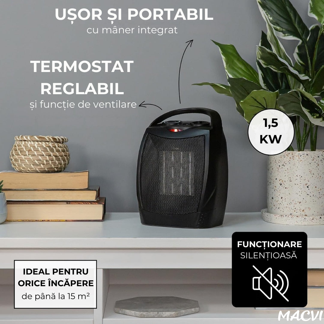 Aeroterma electrica Macvi® 1500W cu ceramica PTC, 2 niveluri de putere, termostat ajustabil, protectie supraincalzire, incalzitor portabil pentru camere pana la 15 mp