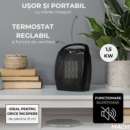 Aeroterma electrica Macvi® 1500W cu ceramica PTC, 2 niveluri de putere, termostat ajustabil, protectie supraincalzire, incalzitor portabil pentru camere pana la 15 mp