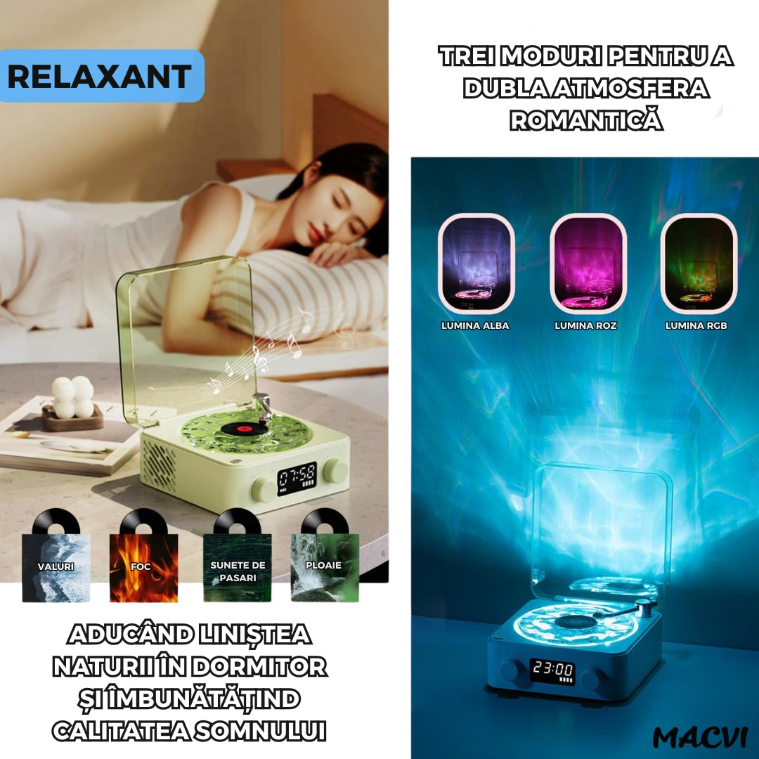 Boxa Bluetooth Retro Macvi® cu Lumini Ambientale si Sunete ale Naturii, 5W, 1500mAh, Alb