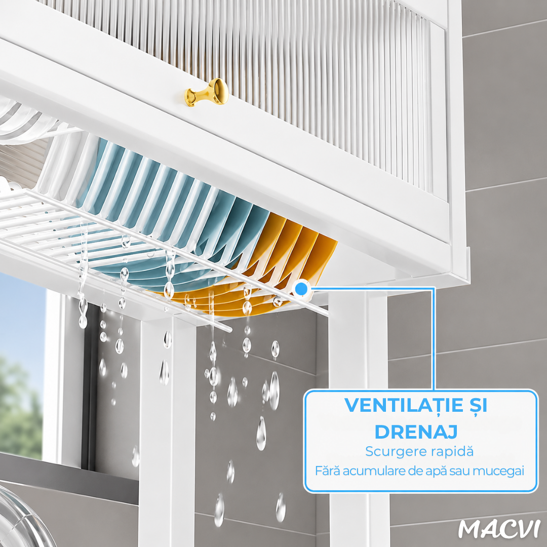 Scurgator Vase deasupra Chiuvetei Macvi®, Raft Multifunctional cu 3 Niveluri, Suport Tacamuri si Cutite, Organizator Bucatarie din Inox cu Usi Rabatabile AntiPraf