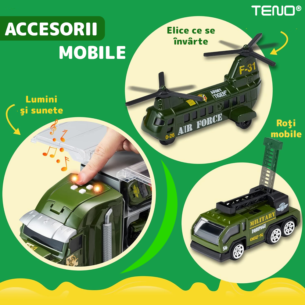 Set Camion Trailer de Jucarie pentru Transport Teno®, seria armata, 6 masinute incluse, tanc, masini blindate, accesorii mobile, lansator si rampa frontala, platforma tractare, verde