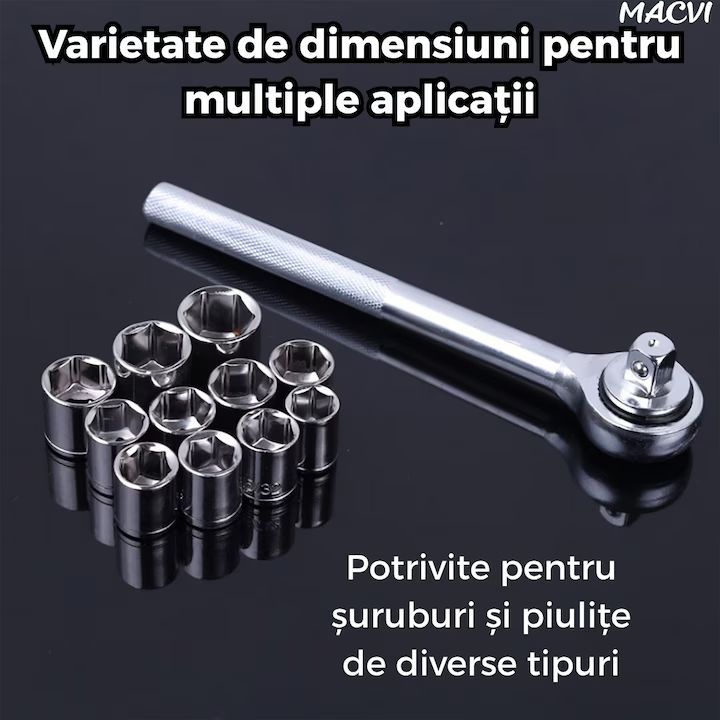 Trusa scule Macvi® 40 piese din otel Cr-V cu clichet capete tubulare metrice si SAE adaptor si prelungitor incluse