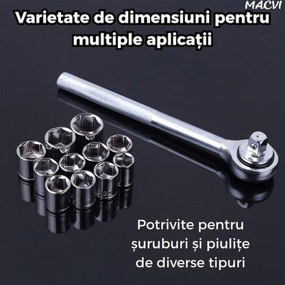 Trusa scule Macvi® 40 piese din otel Cr-V cu clichet capete tubulare metrice si SAE adaptor si prelungitor incluse