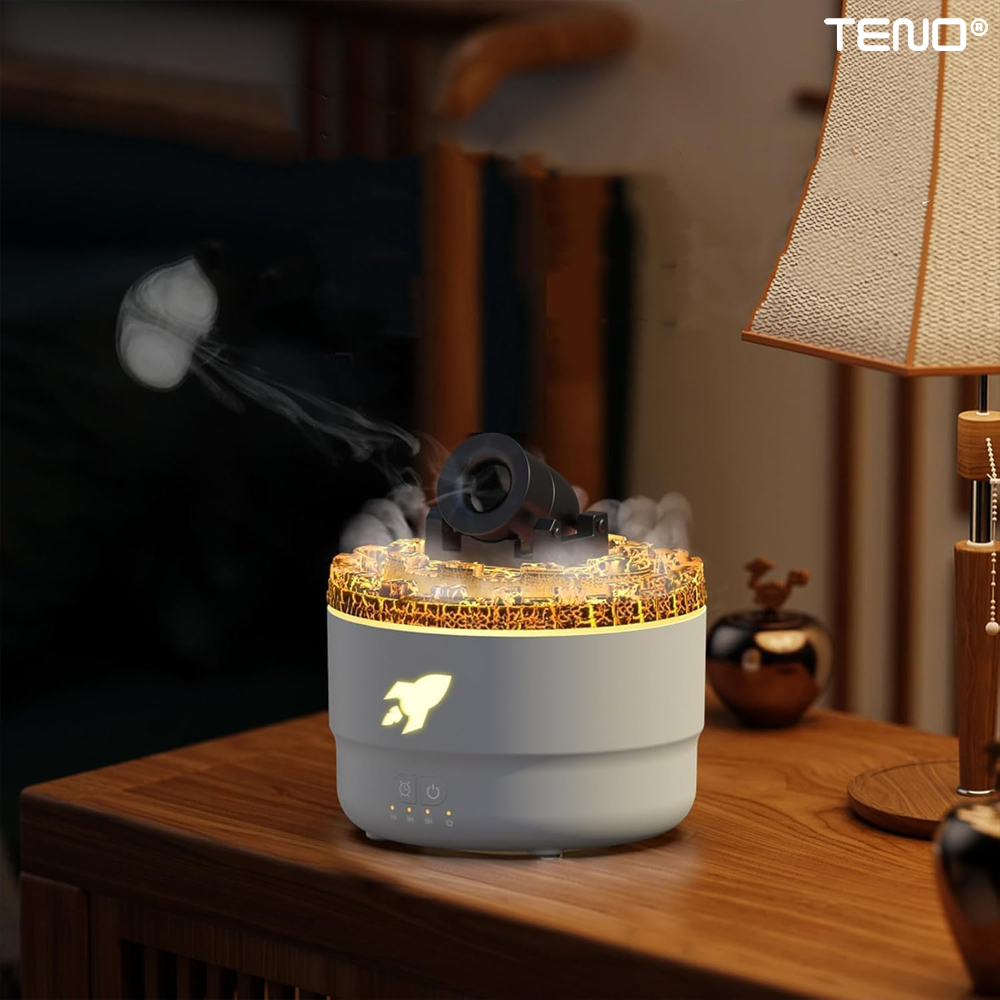 Difuzor Aromaterapie Teno®, forma de tun, 7 culori LED, lumini dinamice, control tactil, capacitate 300ml, silentios, rezerva inclusa, umidifica aerul, alb