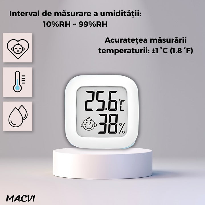 Termometru si Higrometru Digital MACVI® cu Afisaj LCD Indicator Confort, Temperatura si Umiditate, Design Compact, Baterie Inclusa