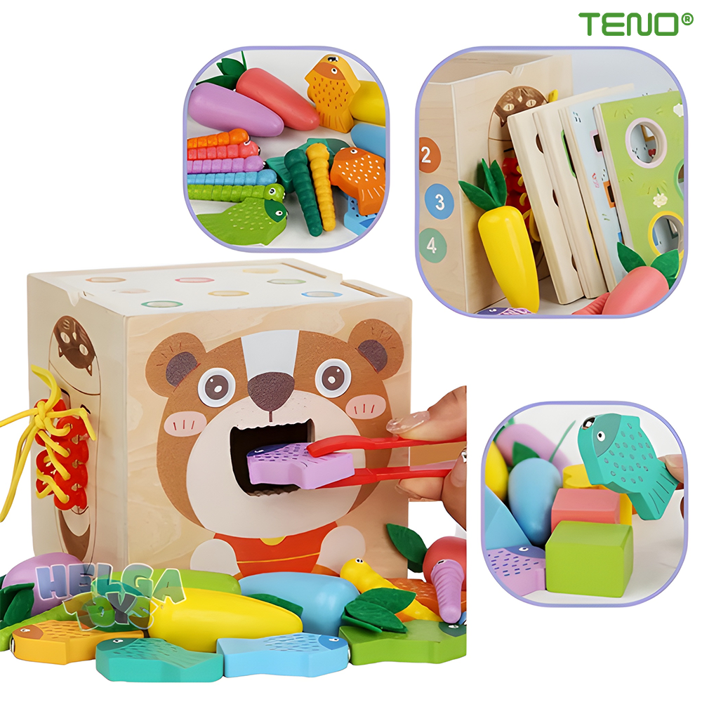 Cub Montessori Teno®, din lemn, educativ, joc cu legume, joc cu nasturi, joc de pescuit, sireturi, dezvolta abilitatile cognitive, senzoriale, coordonare mana-ochi, multicolor