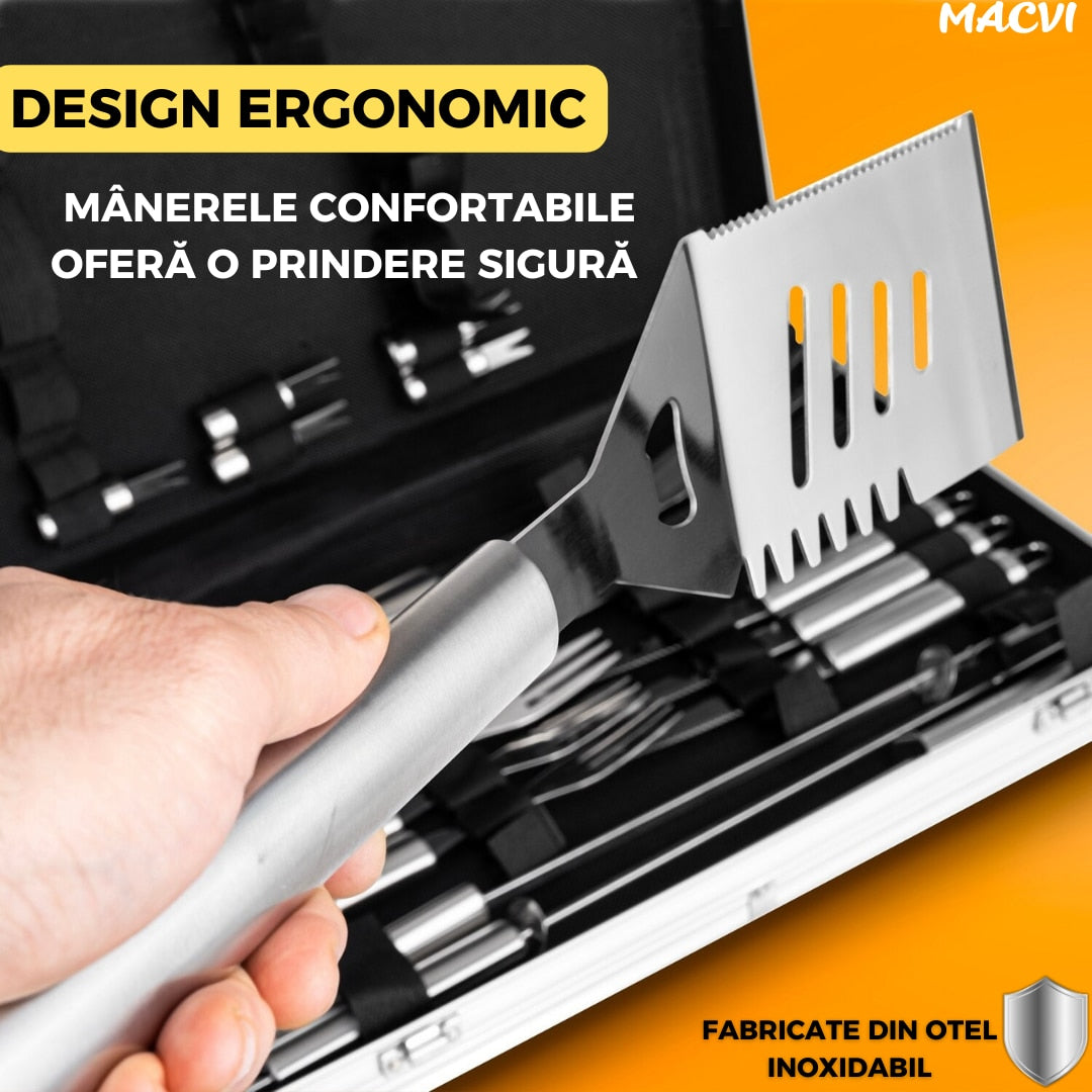 Set accesorii gratar Macvi® 25 piese, otel inoxidabil premium, geanta transport aluminiu captusita 43x27x8cm