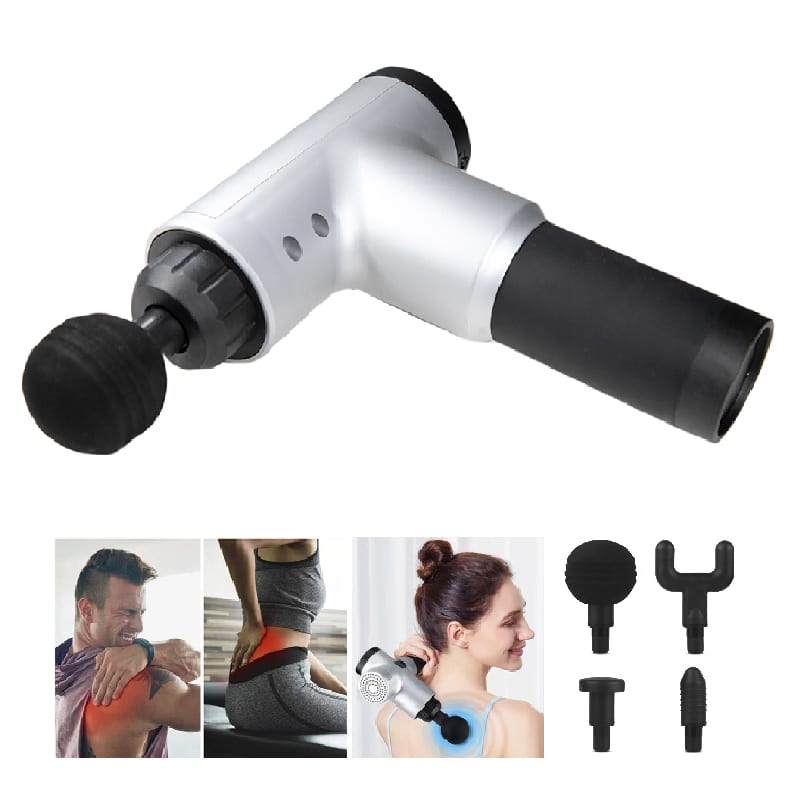 Aparat de Masaj Tip Pistol Macvi® , Cu 4 Capete Interschimbabile, 6 Trepte de Viteza, Autonomie 4 ore, 24W, 3400 RPM, Gri