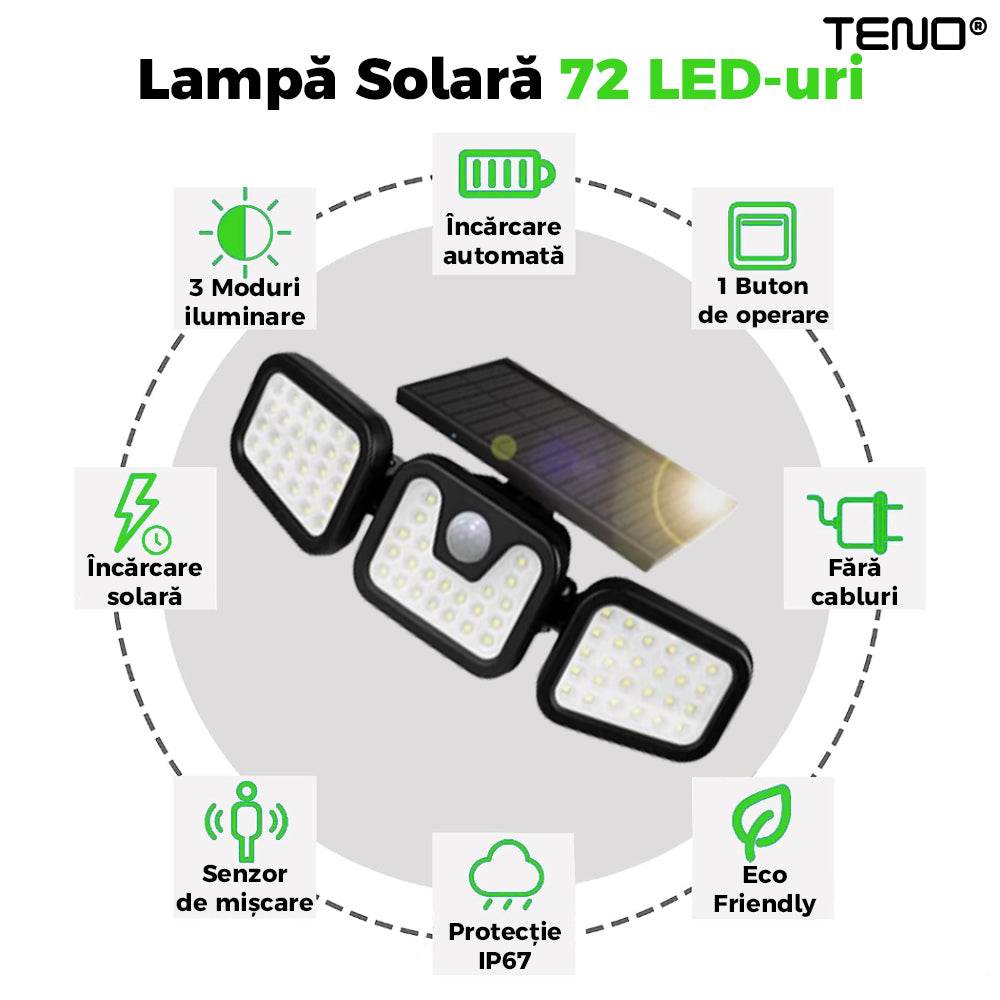 Lampa solara Teno, tripla, 72 LED-uri, senzor de miscare, protectie IP67, negru