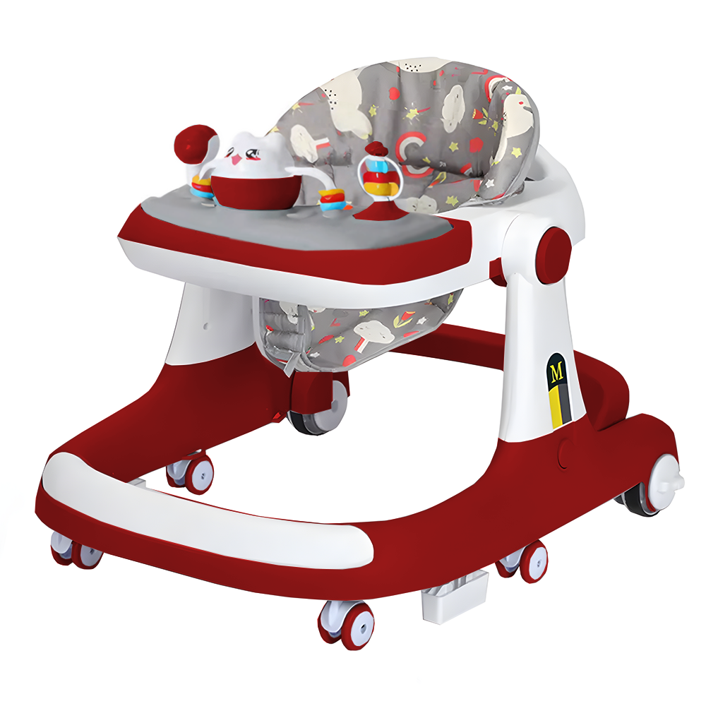 Premergator Multifunctional pentru Bebelusi Teno®, tava cu 3 jucarii, pisica, muzica, reglabil, pliabil, greutate max 20kg, 6-36 luni, rosu