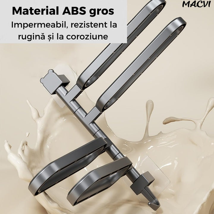 Suport prosoape Macvi® rotativ negru fara gaurire cu brate mobile si carlig integrat pentru baie sau bucatarie