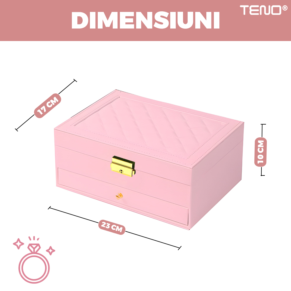 Cutie pentru Bijuterii Teno®, organizare si depozitare, 2 compartimente, captuseala fina, compartimente inele, bratari, lantisoare, ceasuri, compartiment secret, 23 x 10 x 17 cm, roz