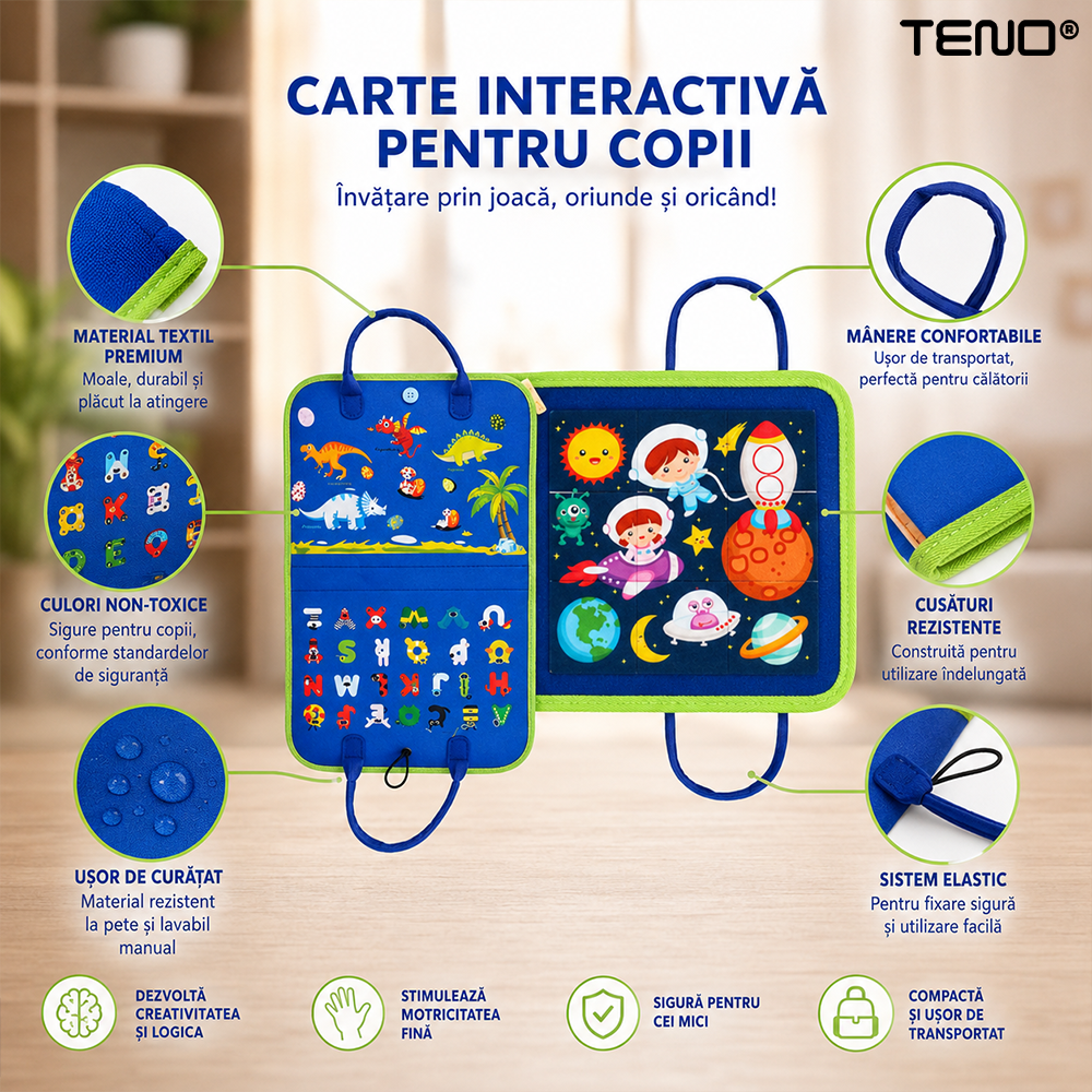 Carte Educativa cu Activitati Montessori Teno®, activitati senzoriale interactive, dezvoltarea abilitatilor motrice si atentiei, carte, mapa, tip gentuta cu multiple activitati, albastru