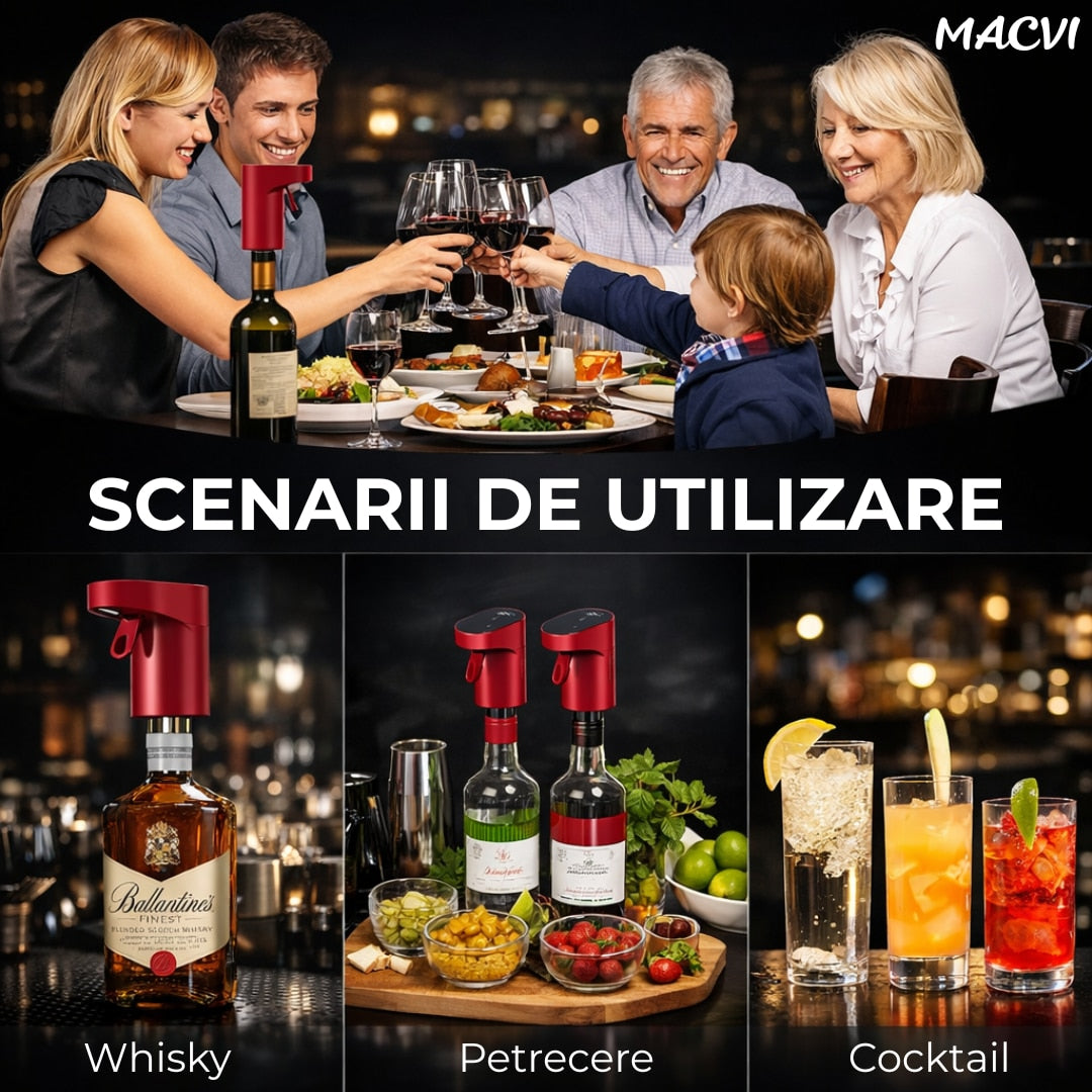 Aerator electric Macvi® pentru vin si alte lichide cu dozare automata ecran tactil si incarcare USB Type-C, Rosu