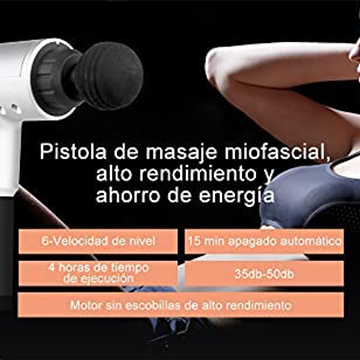 Aparat de Masaj Tip Pistol Macvi® , Cu 4 Capete Interschimbabile, 6 Trepte de Viteza, Autonomie 4 ore, 24W, 3400 RPM, Albastru