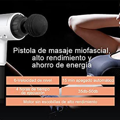 Aparat de Masaj Tip Pistol Macvi® , Cu 4 Capete Interschimbabile, 6 Trepte de Viteza, Autonomie 4 ore, 24W, 3400 RPM, Albastru