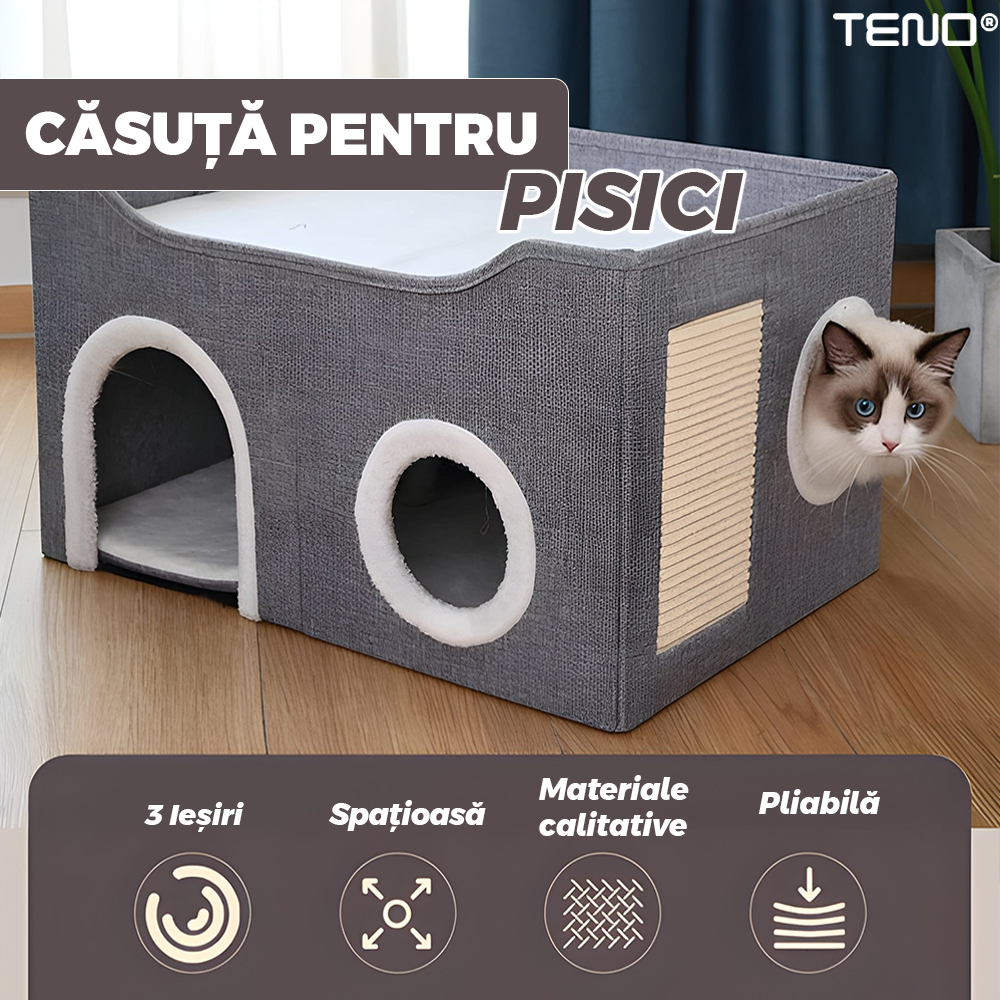 Casuta pentru Pisici Teno, interior, pliabila, gri, 55x40cm