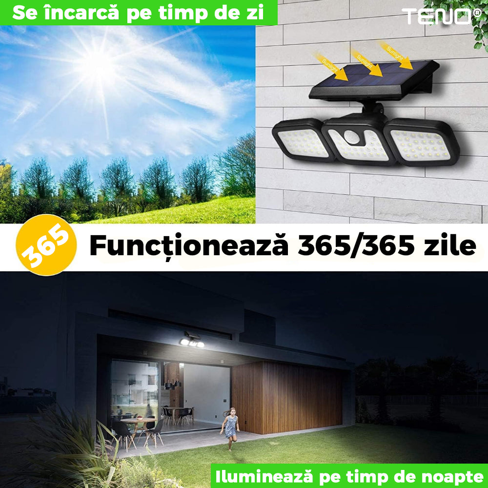 Lampa solara Teno, tripla, 72 LED-uri, senzor de miscare, protectie IP67, negru