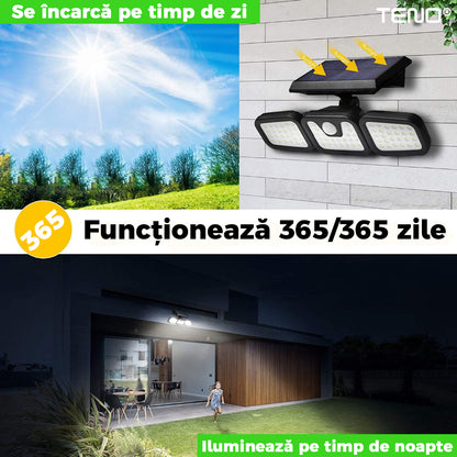 Lampa solara Teno, tripla, 72 LED-uri, senzor de miscare, protectie IP67, negru