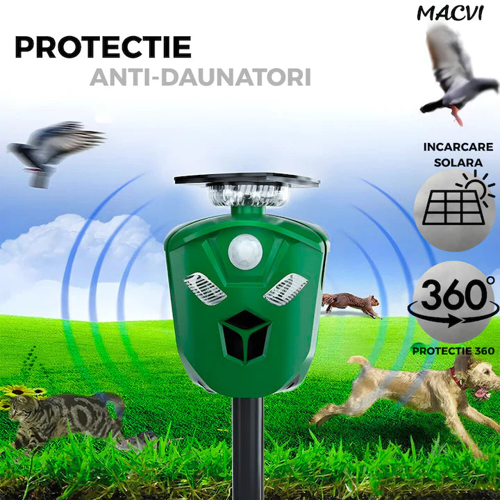 Aparat Macvi® cu ultrasunete anti-daunatori triplu, 360°, anti animale salbatice, incarcare solara/USB, 3 senzori PIR, LED-uri stroboscopice, waterproof, verde