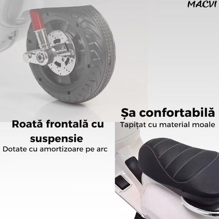 Scuter electric Macvi® pentru copii 3-8 ani, design realist Vespa, cu 2 baterii reincarcabile 6V, lumini functionale, roti ajutatoare, sistem audio si oglinzi, pana la 6 km/h, Alb