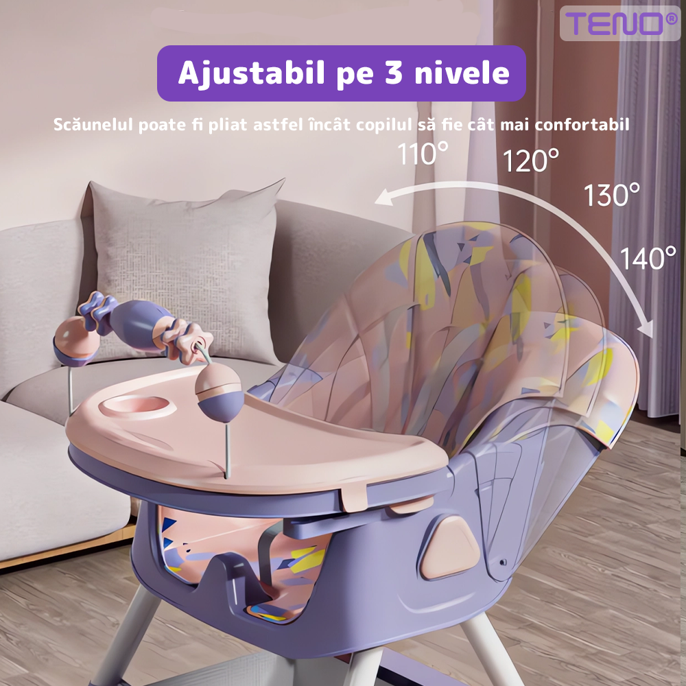 Scaun de Masa 3in1 pentru Bebelusi si Copii Teno®, centura de siguranta in 5 puncte, tavita reglabila si detasabila, loc depozitare jucarii, roz/mov