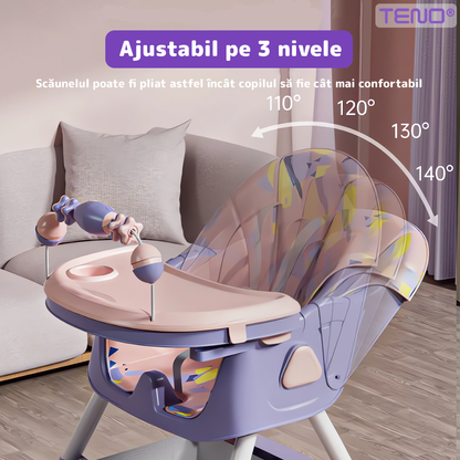 Scaun de Masa 3in1 pentru Bebelusi si Copii Teno®, centura de siguranta in 5 puncte, tavita reglabila si detasabila, loc depozitare jucarii(jucarii neincluse), roz/mov