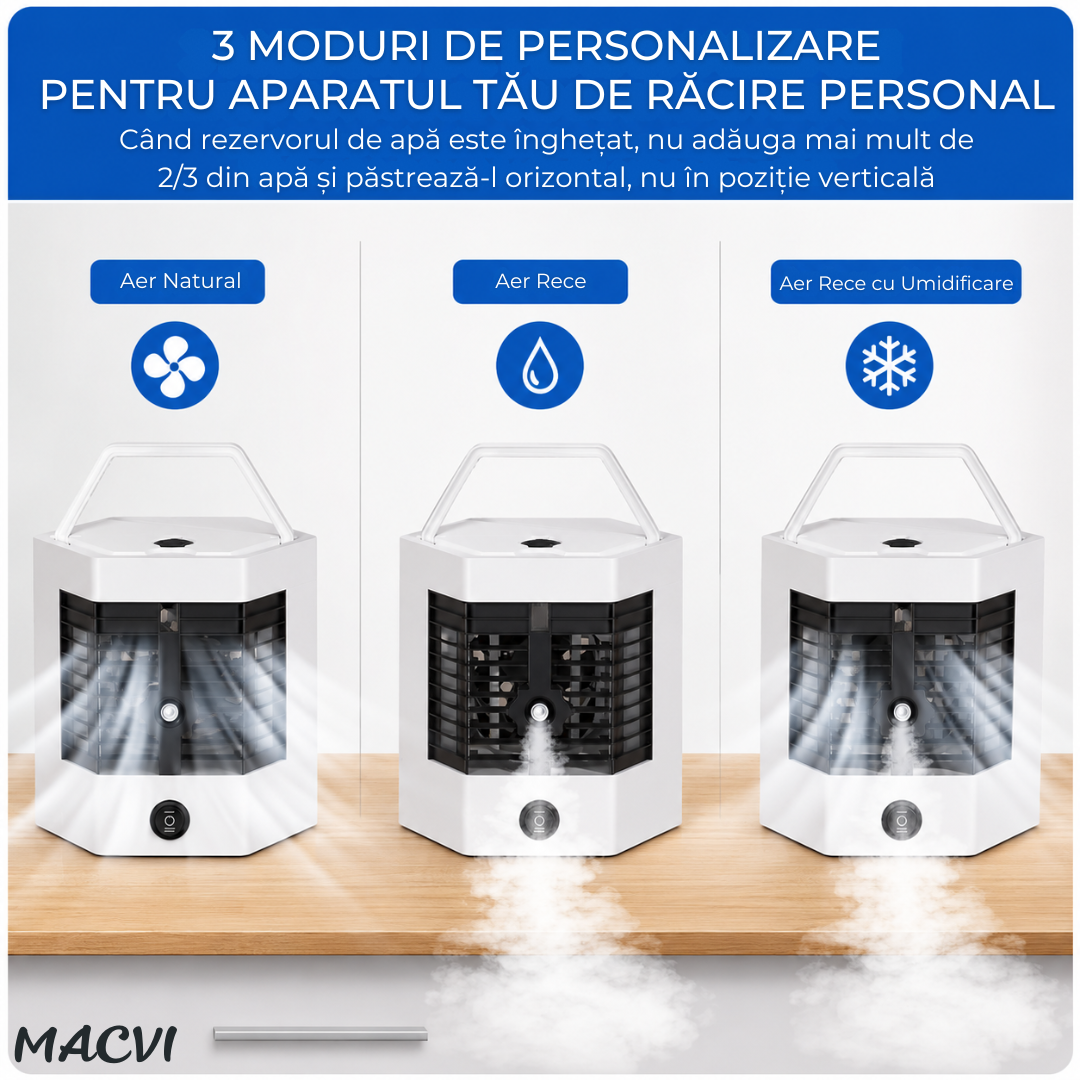 Mini aer condiționat portabil cu apă MACVI®, răcire, umidificare și purificare aer, 10W, USB, rezervor 400 ml, 2 trepte de viteză, autonomie până la 8 ore, alb
