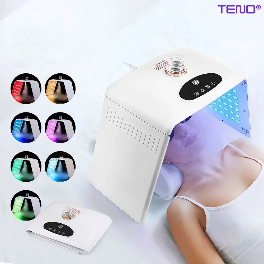 Dispozitiv de Infrumusetare cu Spray Teno®, 7 in 1, ingrijire faciala, tratament cu LED-uri cu 7 culori, intretinerea pielii, hidratare nano, pliabil, usor de utilizat, 205 LED-uri, alb