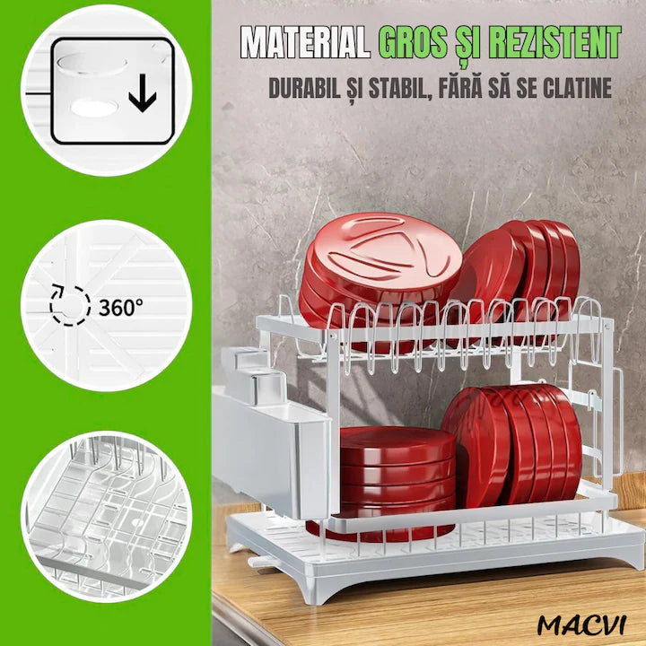 Uscator de vase supraetajat Macvi®, 2 niveluri, suport pentru tacamuri si pahare, tava scurgere, metal rezistent, 42x30x29 cm, alb