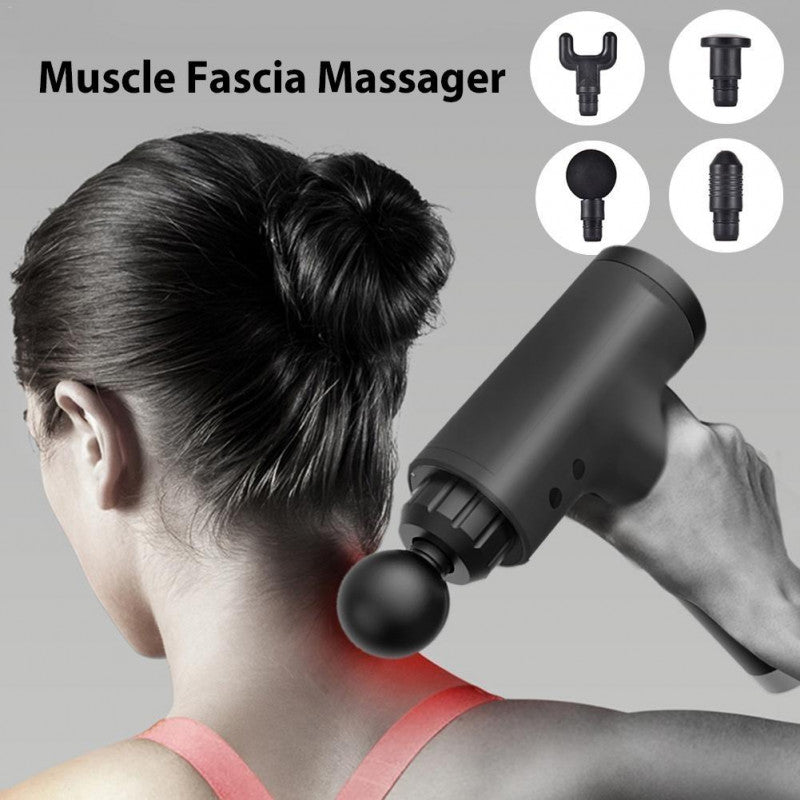 Aparat de Masaj Tip Pistol Macvi® , Cu 4 Capete Interschimbabile, 6 Trepte de Viteza, Autonomie 4 ore, 24W, 3400 RPM, Negru