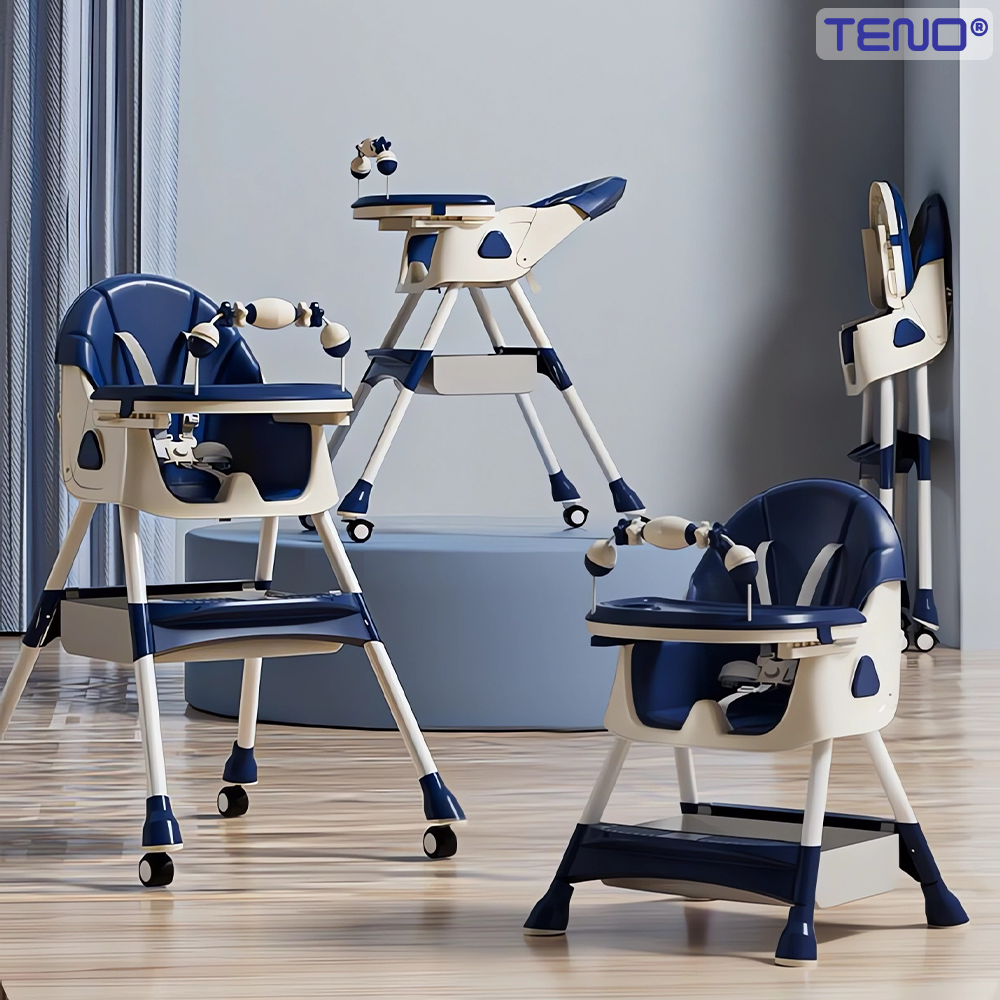 Scaun de Masa 3in1 pentru Bebelusi si Copii Teno®, centura de siguranta in 5 puncte, tavita reglabila si detasabila, loc depozitare jucarii, albastru inchis