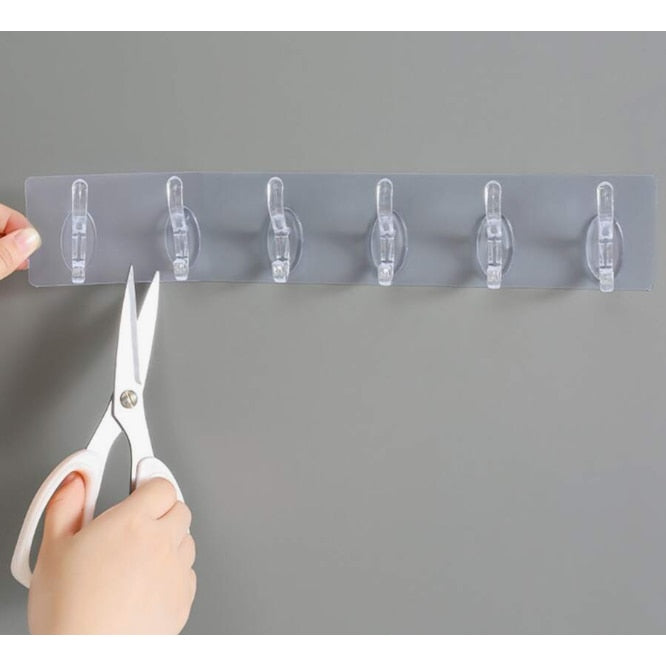 Suport pentru Perete Macvi®,  6 Carlige  Adeziv Transparent, Plastic