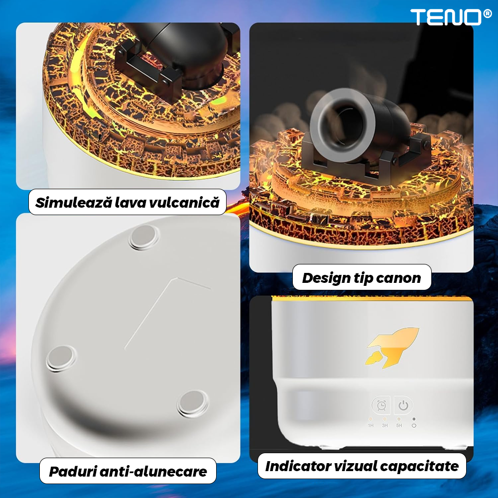 Difuzor Aromaterapie Teno®, forma de tun, 7 culori LED, lumini dinamice, control tactil, capacitate 300ml, silentios, rezerva inclusa, umidifica aerul, alb