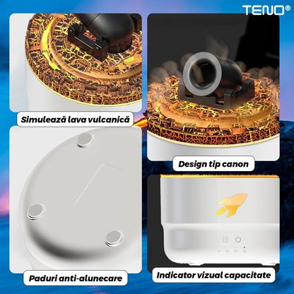 Difuzor Aromaterapie Teno®, forma de tun, 7 culori LED, lumini dinamice, control tactil, capacitate 300ml, silentios, rezerva inclusa, umidifica aerul, alb